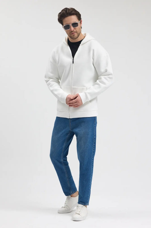 Tam Fermuarlı Kapüşonlu Sweatshirt - Ekru