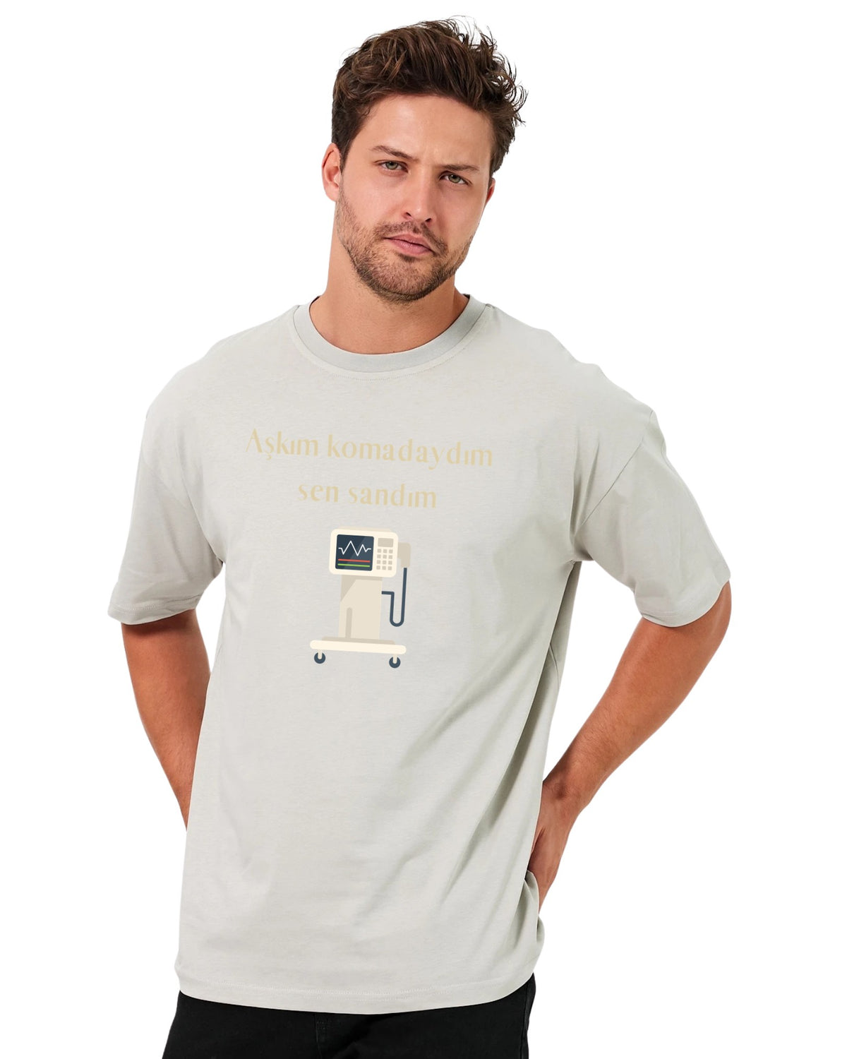 Aşkım Komadaydım Sen Sandım Oversize T-Shirt - Taş