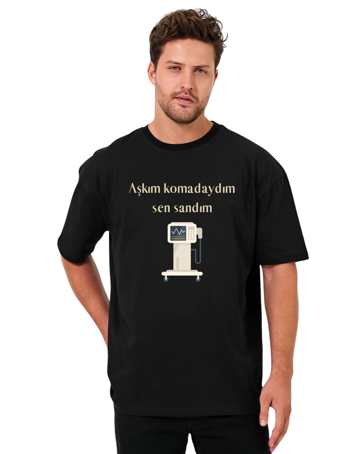 Aşkım Komadaydım Sen Sandım Oversize T-Shirt - Siyah