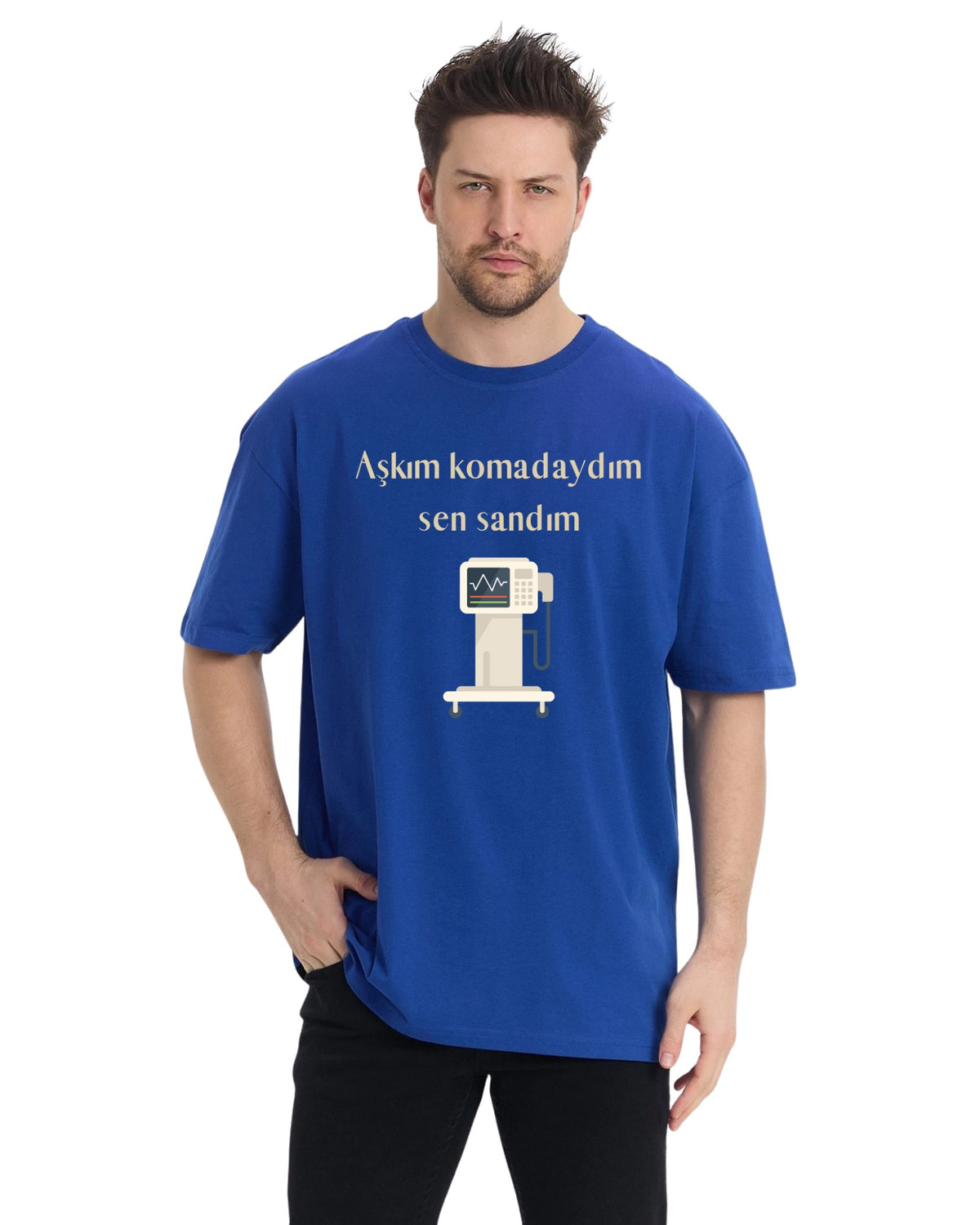 Aşkım Komadaydım Sen Sandım Oversize T-Shirt - Sax Mavi