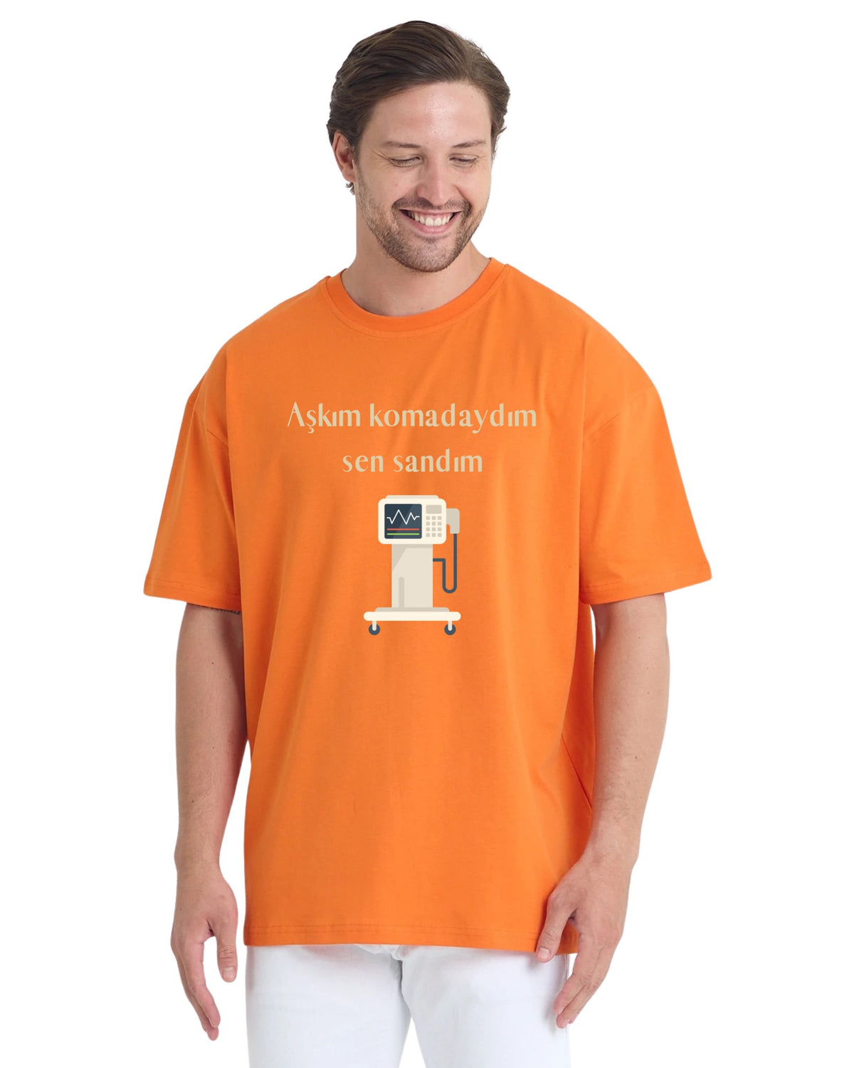Aşkım Komadaydım Sen Sandım Oversize T-Shirt - Turuncu