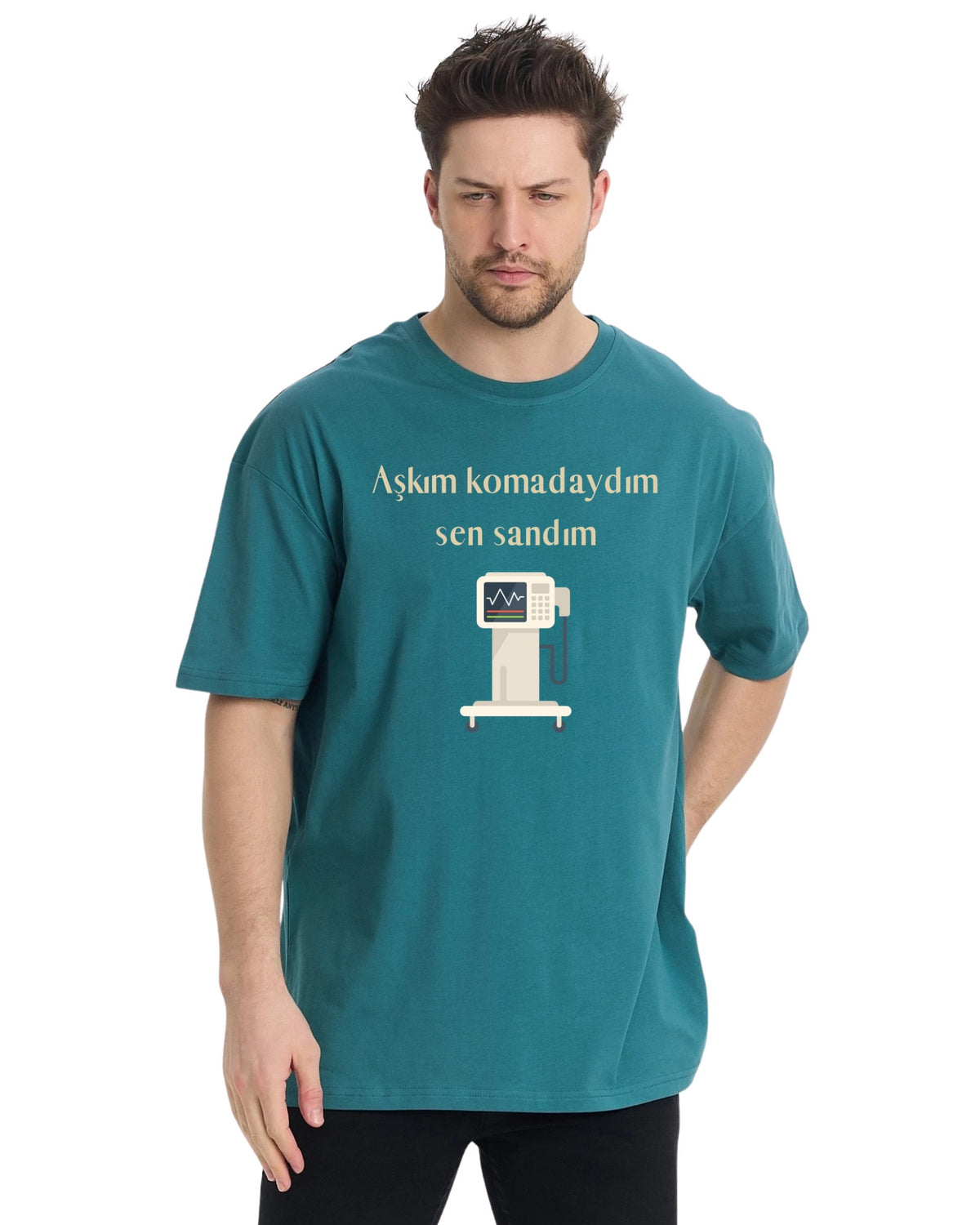 Aşkım Komadaydım Sen Sandım Oversize T-Shirt - Petrol Yeşili