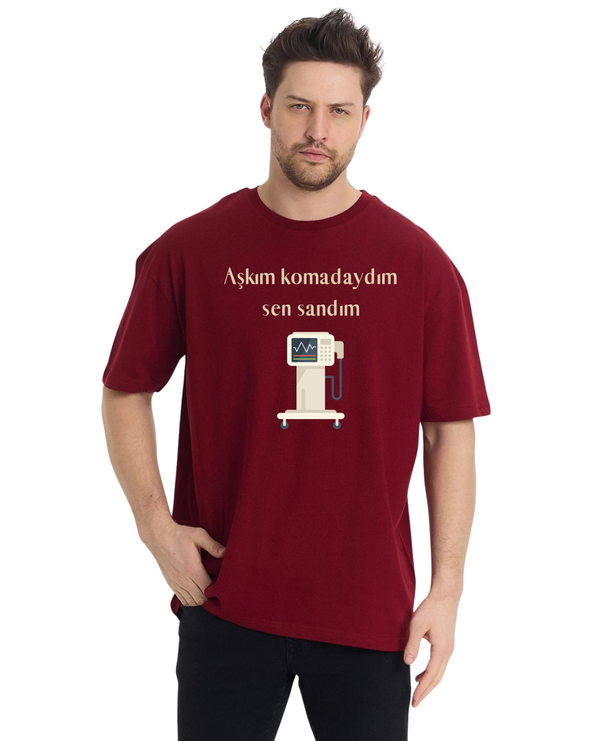 Aşkım Komadaydım Sen Sandım Oversize T-Shirt - Bordo