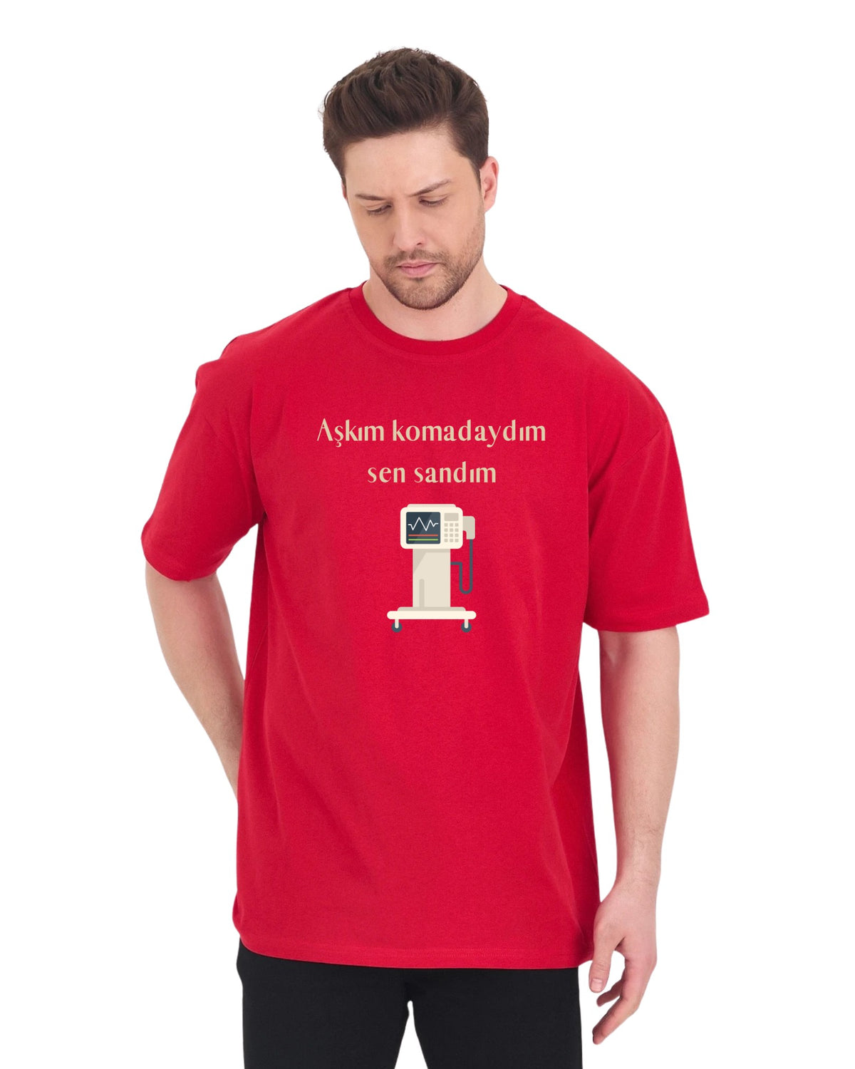Aşkım Komadaydım Sen Sandım Oversize T-Shirt - Kırmızı