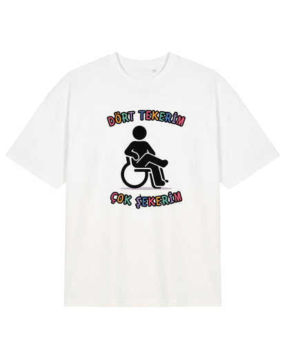 Dört Tekerim Çok Şekerim Oversize T-Shirt - Beyaz
