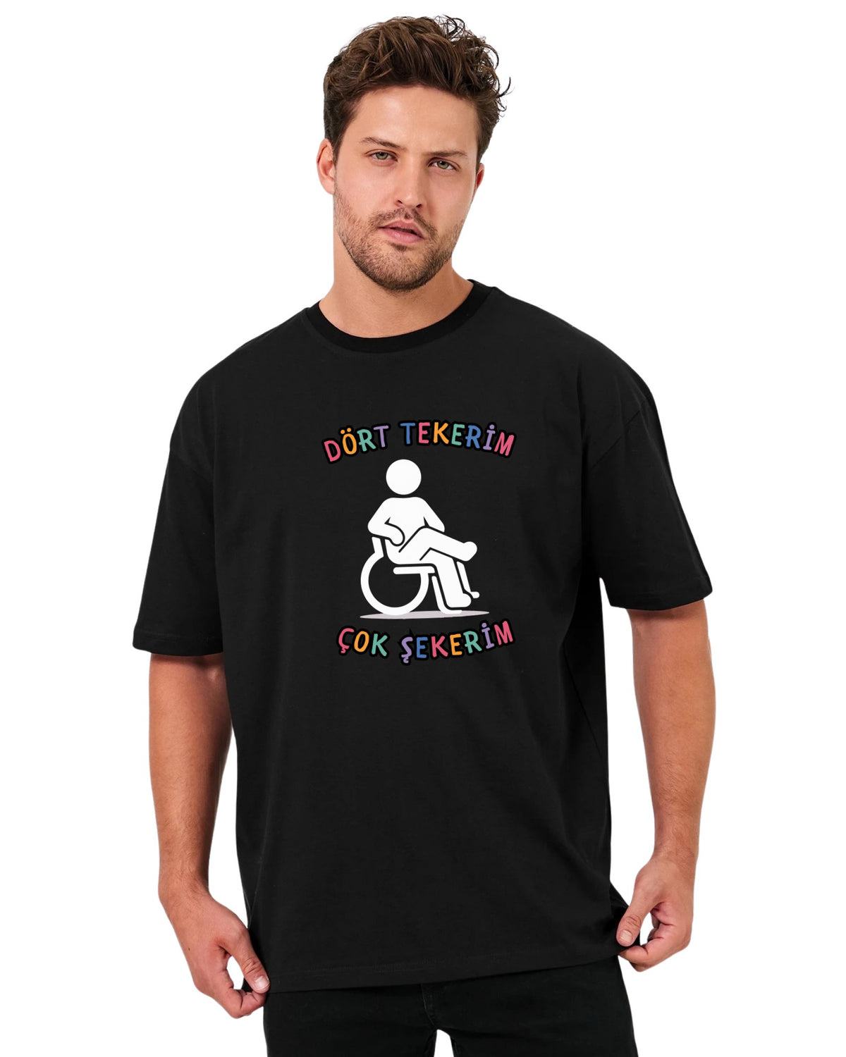 Dört Tekerim Çok Şekerim Oversize T-Shirt - Siyah