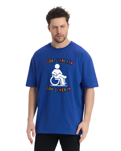 Dört Tekerim Çok Şekerim Oversize T-Shirt - Sax Mavi