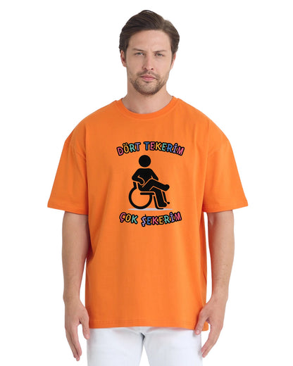 Dört Tekerim Çok Şekerim Oversize T-Shirt - Turuncu
