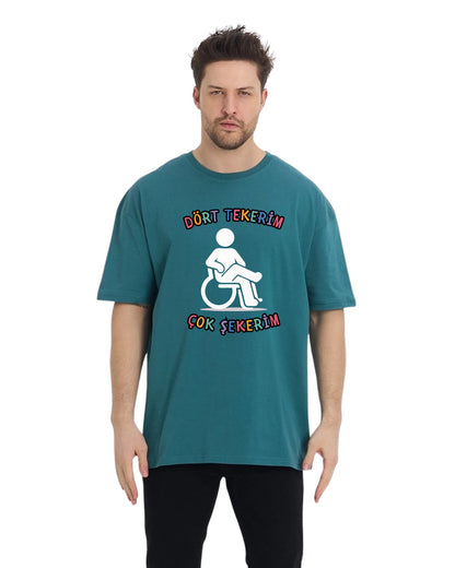 Dört Tekerim Çok Şekerim Oversize T-Shirt - Petrol Yeşili