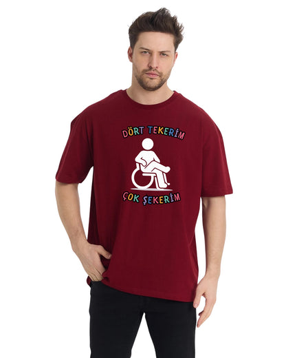 Dört Tekerim Çok Şekerim Oversize T-Shirt - Bordo
