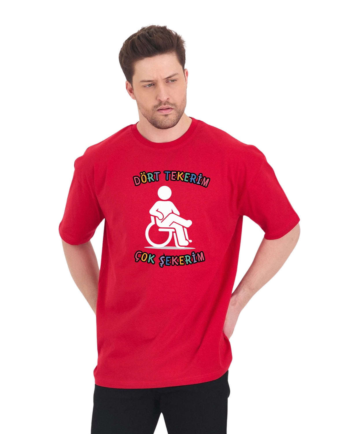 Dört Tekerim Çok Şekerim Oversize T-Shirt - Kırmızı