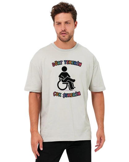 Dört Tekerim Çok Şekerim Oversize T-Shirt - Taş