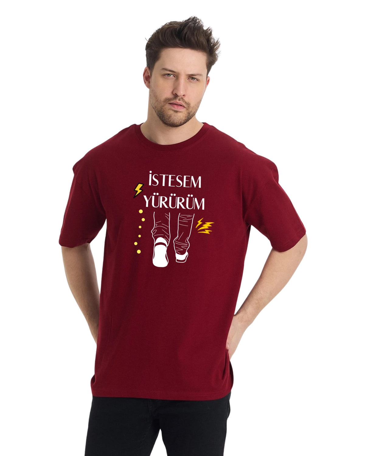 İstesem Yürürüm Oversize T-Shirt - Bordo