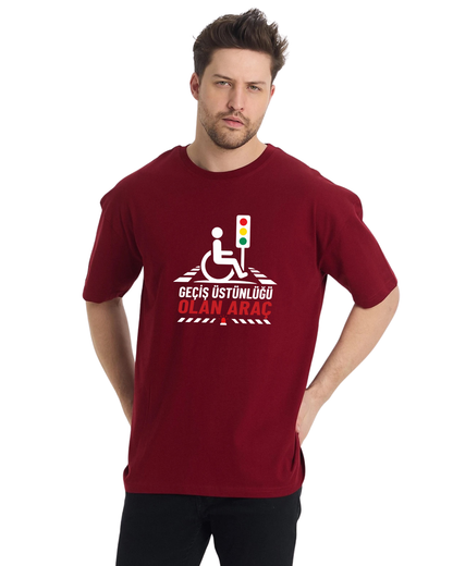 Geçiş Üstünlüğü Olan Araç Oversize T-Shirt - Bordo