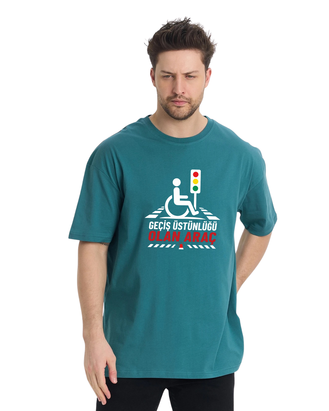 Geçiş Üstünlüğü Olan Araç Oversize T-Shirt - Petrol Yeşili